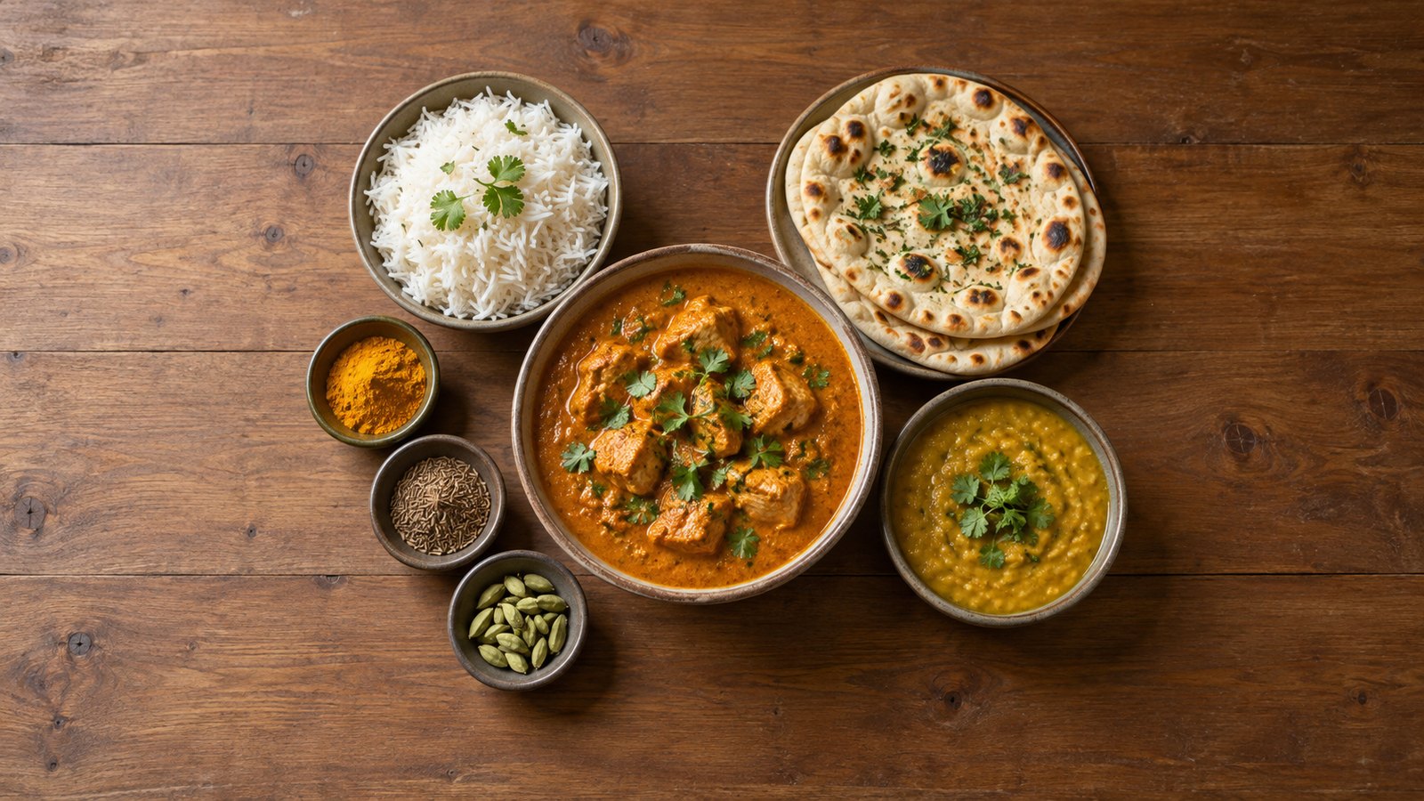 Recetas de cocina india en una mesa: curry de pollo, arroz basmati, pan naan, dal y especias