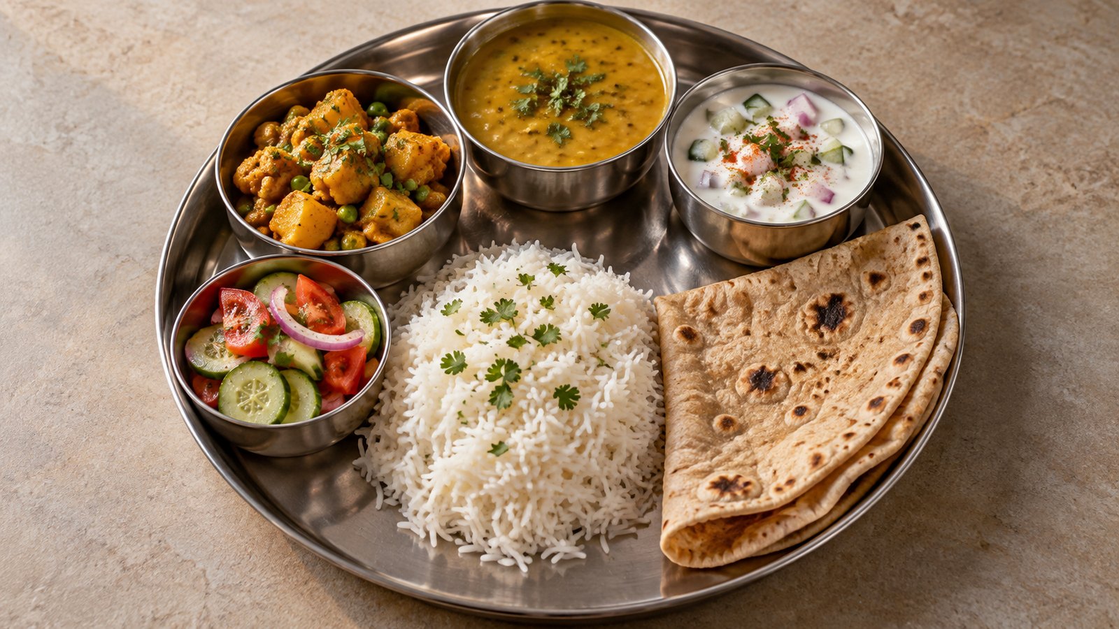Tipos de plato de la cocina india en un thali: curry, dal, raita, arroz y chapati