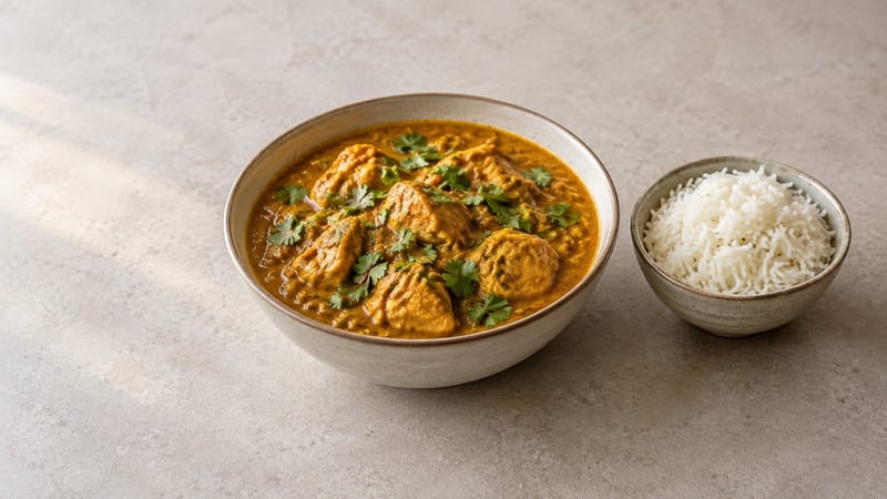 Pollo al curry casero en un cuenco con cilantro fresco y un cuenco de arroz basmati