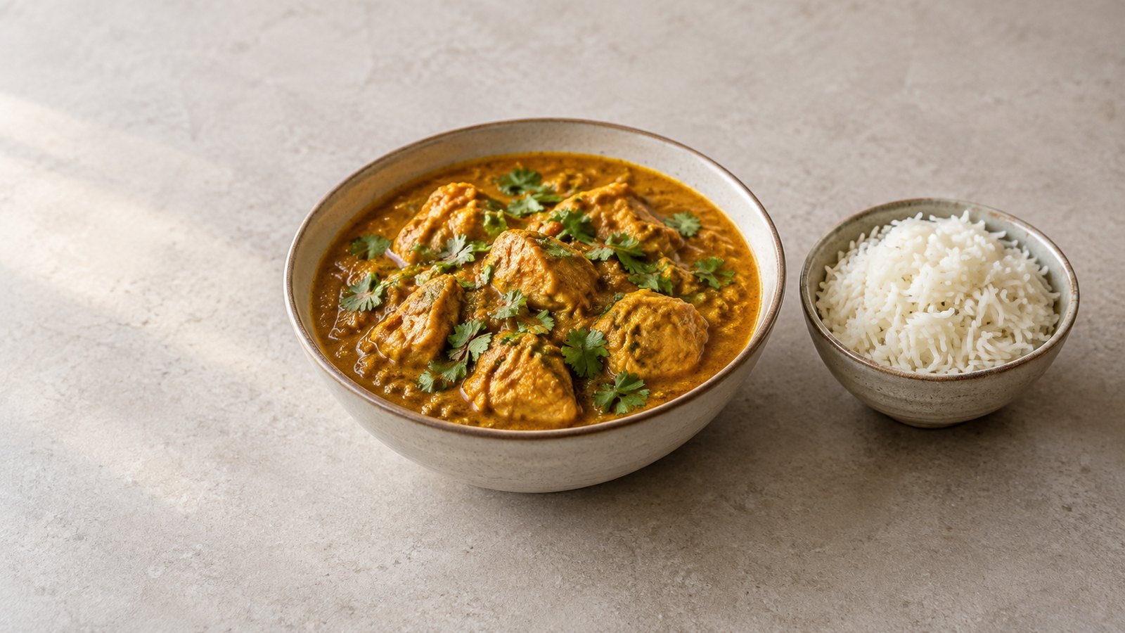 Pollo al curry casero en un cuenco con cilantro fresco y un cuenco de arroz basmati
