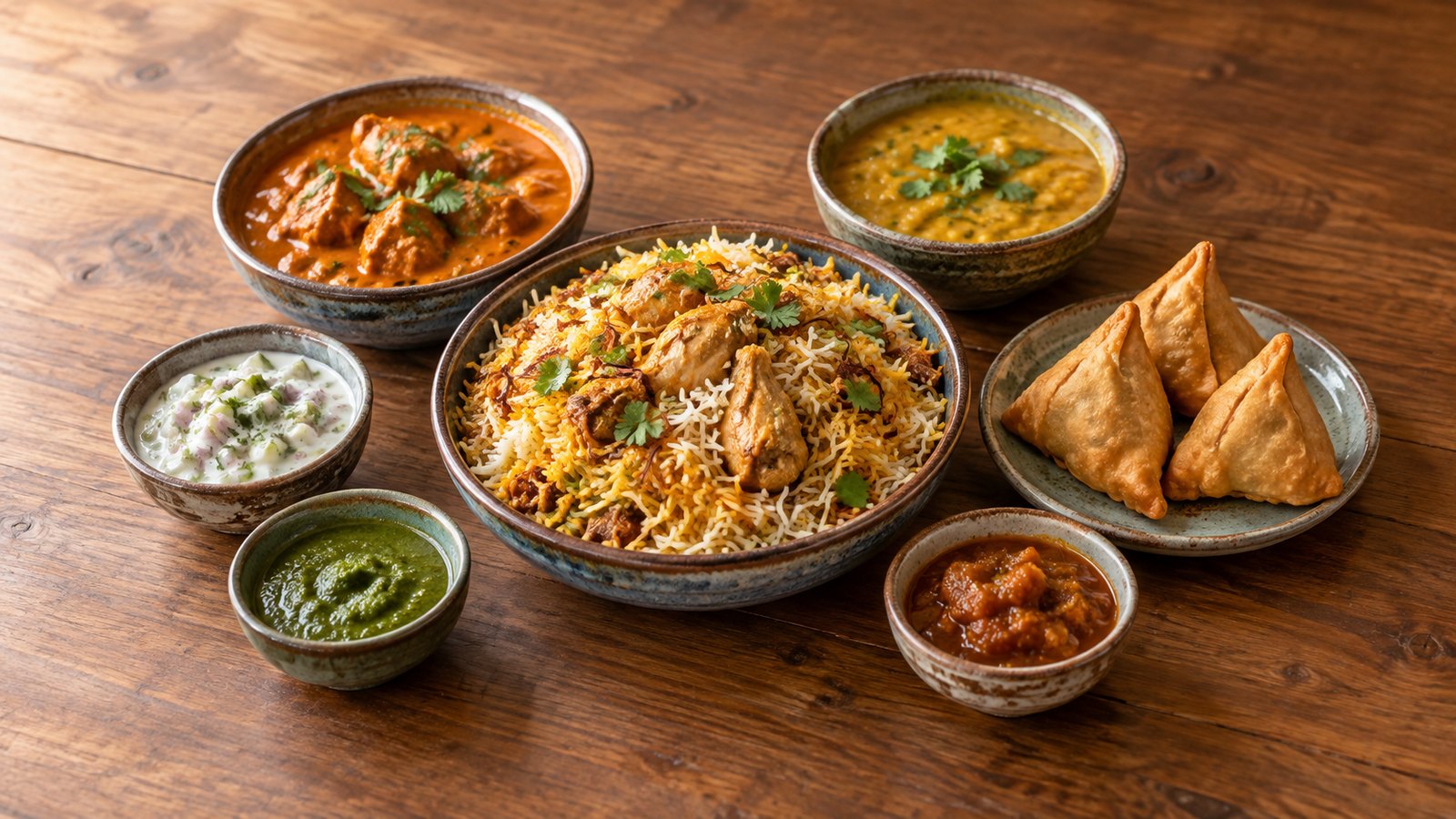 Recetas de cocina india caseras: cuencos de curry, biryani, samosas y chutney sobre una mesa